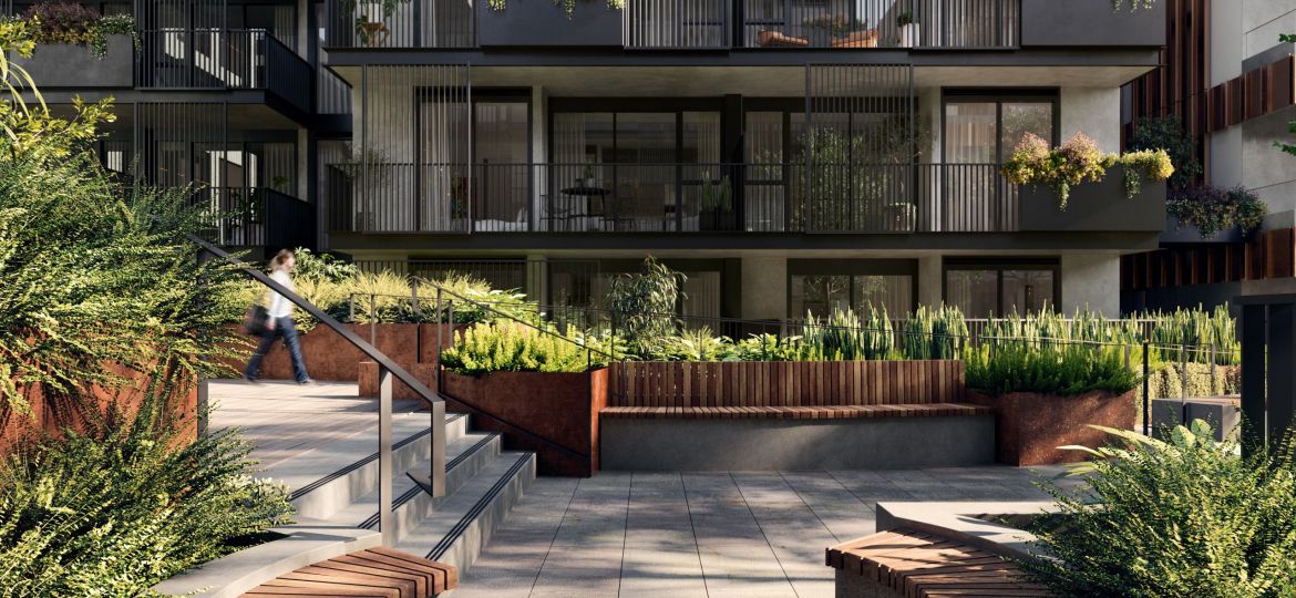 a rendered photo of the courtyard at east brunswick village