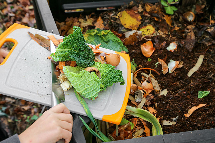 a woman pushing food scraps into a caddy